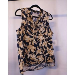 Ellen Tracy Top Women's Medium Navy Floral Sleeveless High Low Hem Lace Up Front